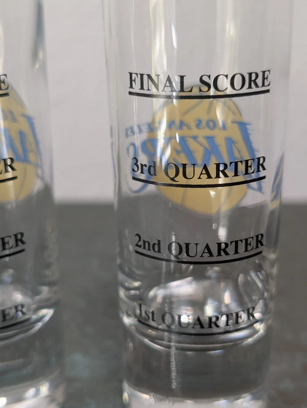 Vtg Pair of Los Angeles Lakers Gameday Shot Glasses Quarter Lines Boelter Brands